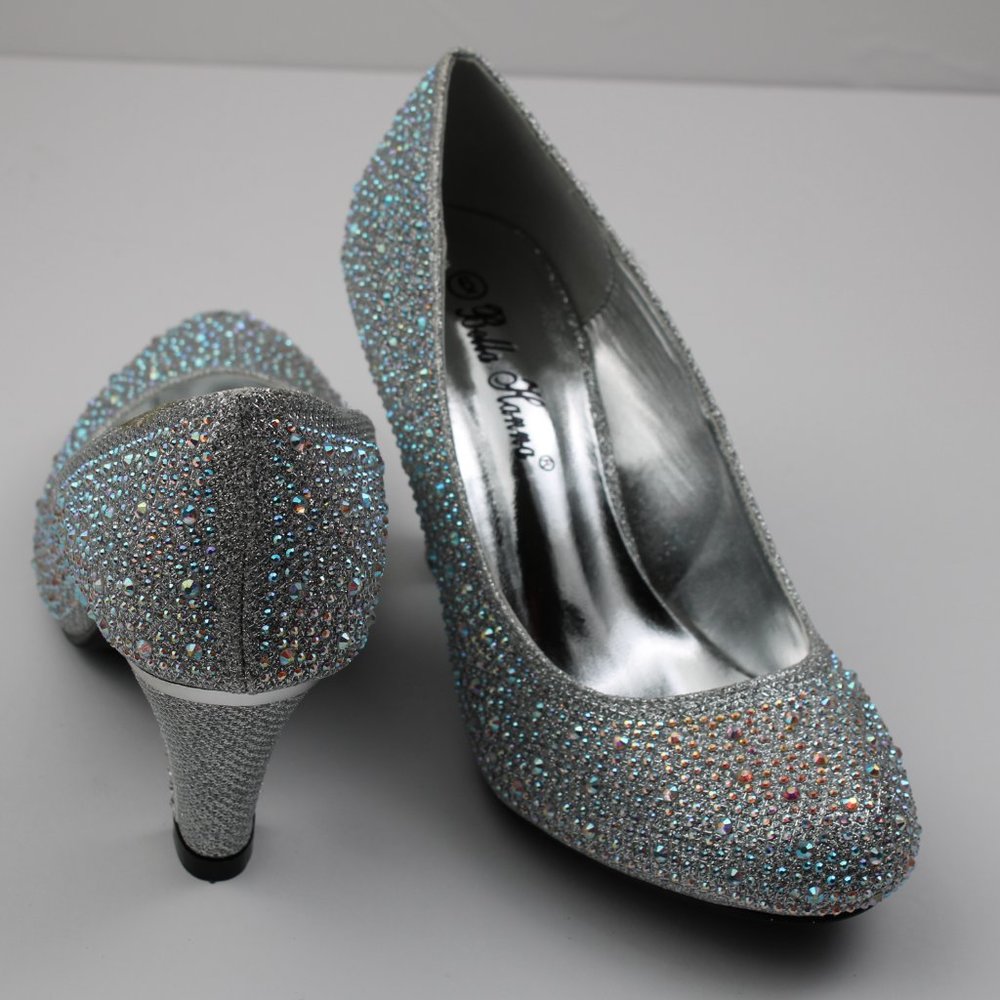 🔥 Women's Low Heel Rhinestone Silver Knit Round Toe Low Heel Pump Shoe Dressy - Picture 9 of 9